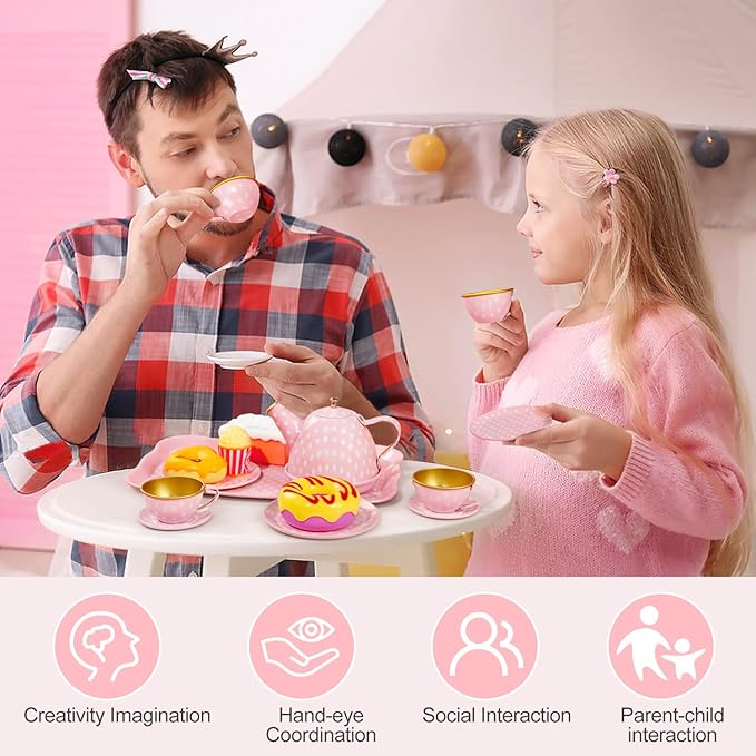 Tea Party Set for Little Girls, Princess Tea Time Toys Including Tin Teapot Set Cups Carrying Case, Toddlers Pretend Role Play Kids Kitchen Toys Birthday Gifts Age 3 4 5 6