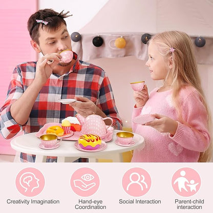 Tea Party Set for Little Girls, Princess Tea Time Toys Including Tin Teapot Set Cups Carrying Case, Toddlers Pretend Role Play Kids Kitchen Toys Birthday Gifts Age 3 4 5 6