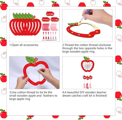 Fennoral 6 Pack Teacher Appreciation Dream Catcher Craft Kit for Kids Paint You Own Apple Dream Catcher DIY Coloring Wooden Art and Craft for Classroom Art Activity Teacher Appreciation Gifts
