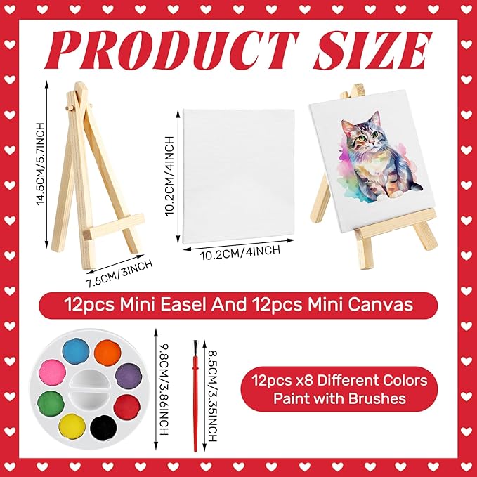 74 Pcs Valentine's Day Mini Watercolor Paint Set with Easel, Valentines Gift Watercolor Painting Bulk 8 Colors Watercolor Paints with Cards for Party Art Supplies Beginner Painting