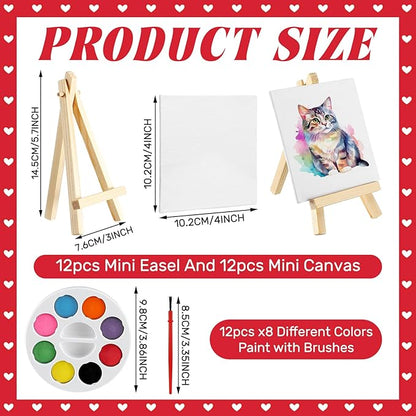 74 Pcs Valentine's Day Mini Watercolor Paint Set with Easel, Valentines Gift Watercolor Painting Bulk 8 Colors Watercolor Paints with Cards for Party Art Supplies Beginner Painting