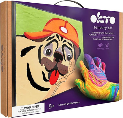 Okto Paint by Numbers for Children - Kid's Paint by Numbers Kits with Air Dry Clay, Unique 2D Wall Art, Sensory Canvas, Pug Themed, Framed Animal Kit for Age 5+