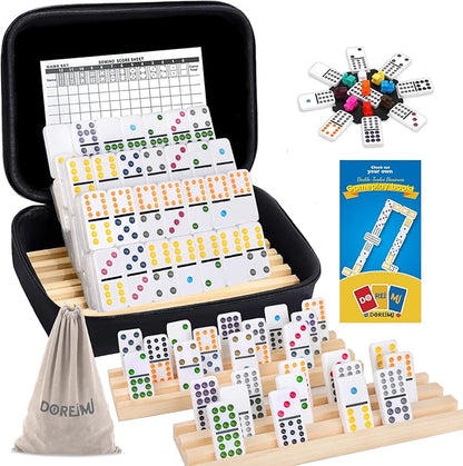 Mexican Train Dominoes Game Set with 4 Wooden Racks, Double 12 Colored Dot Dominoes with Update Hub, Travel Domino Train Game with 91 Tiles and Portable Case, Family Board Team Games