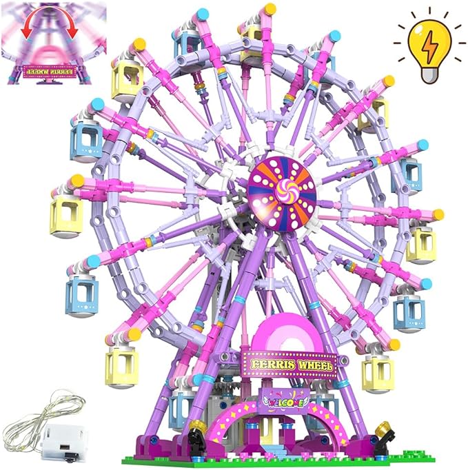 Rotating Ferris Wheel Building Blocks Set Toys with Lighting Kit, Carnival Amusement Park Construction Kits for Kids Children, Great Gift for Age 6+ Years Old（813pcs）-Pink