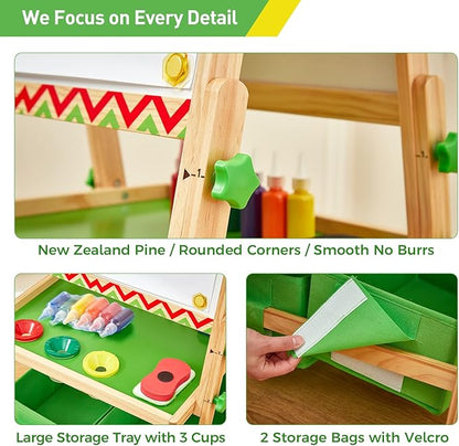 FUNLIO Anti-Warping Kids Art Easel, 3 Height Adjustable for Kids Aged 2-8, All-in-One Toddler Easel with Paper Roll & Erasable Frame, Standing Easel with Magnetic Chalkboard/Whiteboard (Green)