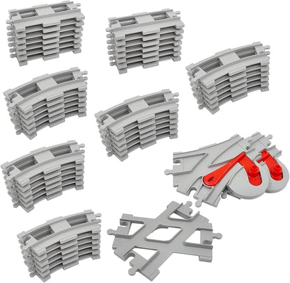 47-Piece Train Track Set,Classic Railway Tracks with 30 Curved Tracks,14 Straight Tracks,2 Switch Tracks,and 1 crossover track- Compatible with All Major Brands,Light Grey Toy Track Accessory for Kids