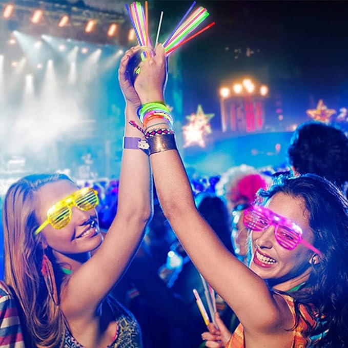 125 Pack Glow in the Dark Party Supplies with 100 Glow Sticks Bracelets and 25 Shutter Shades Flashing Glasses, LED Light Up Toys Neon Party Favors for Kid/Adult Birthday Wedding Carnival Concerts