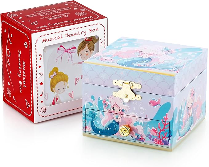 RR ROUND RICH DESIGN Kids Musical Jewelry Box for Girls Include Drawer and Pretty Jewelry Set with Cute Mermaid Theme - Beautiful Dream Tune Blue