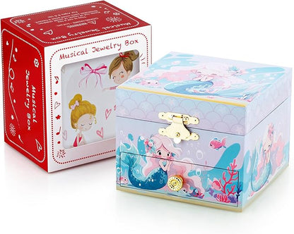 RR ROUND RICH DESIGN Kids Musical Jewelry Box for Girls Include Drawer and Pretty Jewelry Set with Cute Mermaid Theme - Beautiful Dream Tune Blue