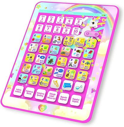 Lexibook Unicorn Educational Bilingual Interactive Learning Tablet, Toy to Learn Alphabet Letters Numbers Words Spelling and Music, English / Spanish Languages, Pink, JCPAD002UNIi2