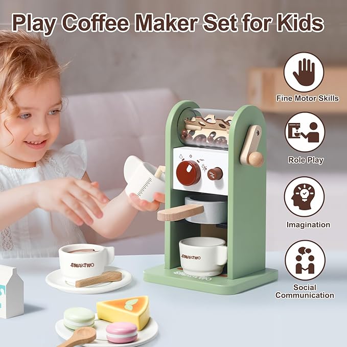 Kids Wooden Coffee Maker Toy,Coffee Machine Playset with Grinder,Play Coffee Making Routine,Stimulates Imaginative Pretend Play and Life Skills,Birthday Gift for Toddler Boy Girl,17pcs