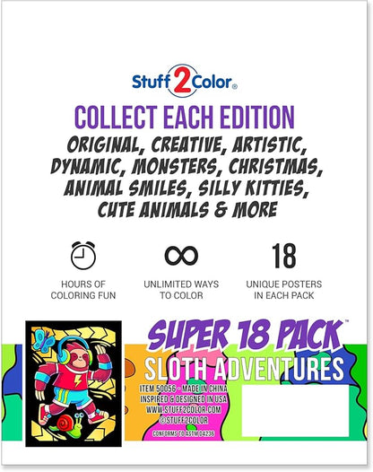 Stuff2Color Super Pack of 18 Fuzzy Velvet Coloring Posters (Sloth Adventures) - Arts & Crafts for Girls and Boys - Great for After School, Travel, Planes, Group Activities, and Coloring with Friends