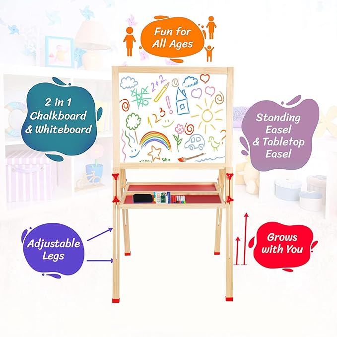 Adjustable Wooden Easel for Kids, Foldable Standing Art Easel for 3, 4, 5, 6, 7, 8 Years Old with Accessories, Drawing Painting Gifts for Boys & Girls Toddlers, Great Presents for Birthday