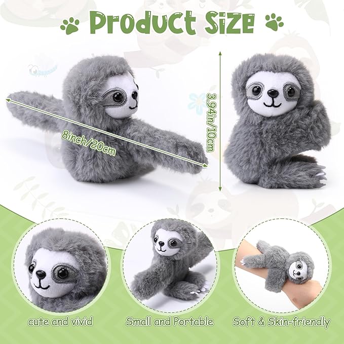 Liliful 8 Pack Kids Valentine's Day Gifts Stuffed Animal Cat Slap Bracelets, Valentines 8 Inch Plush Wrist Cute Snap Bracelets Birthday for Boys Girls Child Bulk Items Party Favors(Sloths)