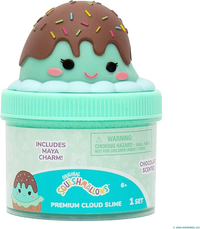 Original Squishmallows Maya the Ice Cream Premium Cloud Slime, Chocolate-Scented, 8 oz., Storage Container with Figurine Topper, Rubber Charm, Goodie Bags Stuffers, Kids Party Favors, Sensory Toys
