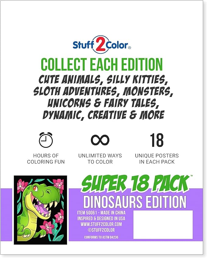 Super Pack of 18 Fuzzy Velvet Coloring Posters (Dinosaurs Edition) - Arts & Crafts for Boys and Girls - Great for After School, Travel, Quiet Time, Group Activities, and Coloring with Friends