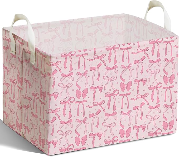 Pink Bow Foldable Storage Bins, Waterproof Toy and Clothes Organizer for Nursery Room, Pink Cute Decorative Fabric Basket for Girls Bedroom, Foldable Gift Box for Game Room, Bow Party Decor