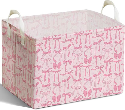 Pink Bow Foldable Storage Bins, Waterproof Toy and Clothes Organizer for Nursery Room, Pink Cute Decorative Fabric Basket for Girls Bedroom, Foldable Gift Box for Game Room, Bow Party Decor
