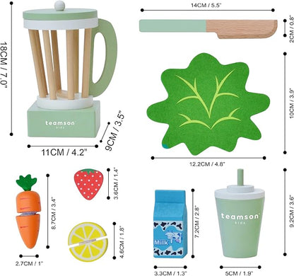 Teamson Kids Play Kitchen Accessories Little Chef 13 Piece Wooden Smoothie Blender Set with Cutting Fruit, Ingredients and to-Go Cup with Straw