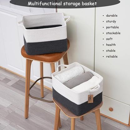 COMFY-HOMI 3PACK Cotton Rope Square Basket with Handles for Shelves| Storage|Baby Basket for Gif|Shoe basket for Organizing|New13.5" x 11" x 9.5" for Living Room（White/Dark Grey）