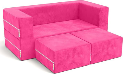 Jaxx Zipline Kids Modular Loveseat & Ottomans, Fold Out Lounger, Fuchsia