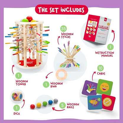 Nene Toys Ballfall, Montessori Toy from 3 Years - Educational Board Game with Colourful Sticks, Dice & Cards - Wooden Toy for Boys and Girls 3-9 Years - Children's Game from 3 Years