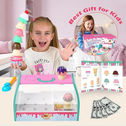 Ice Cream Counter Playset for Kids, Ice Cream Shop Toys, Pretend Play Toys, Play Food Scoop and Serve, Toddler Girls and Boys Ages 3+