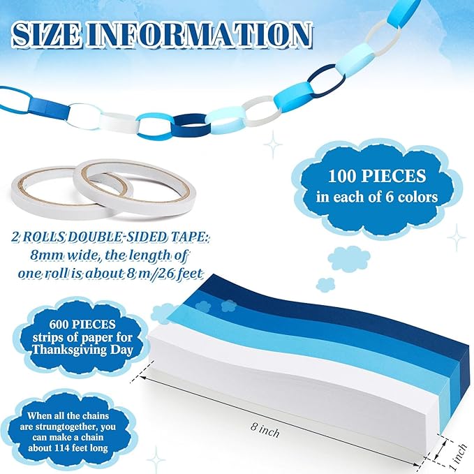 Lincia 600 Sheet Paper Chain Garland Strips 1x8 Inch with Double Sided Tape, DIY Construction Paper Chains for Birthday Wedding Holiday Party Decorations, Crafts Supplies (Blue Gradient)