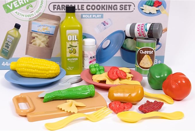 NurtureNature: Imaginative Minds - Farfalle Cooking Set - 44pc Toy Food, Kitchen Pot, Utensils, Pasta, Seasonings, Pretend Play, Earth Conscious, Kids 3+