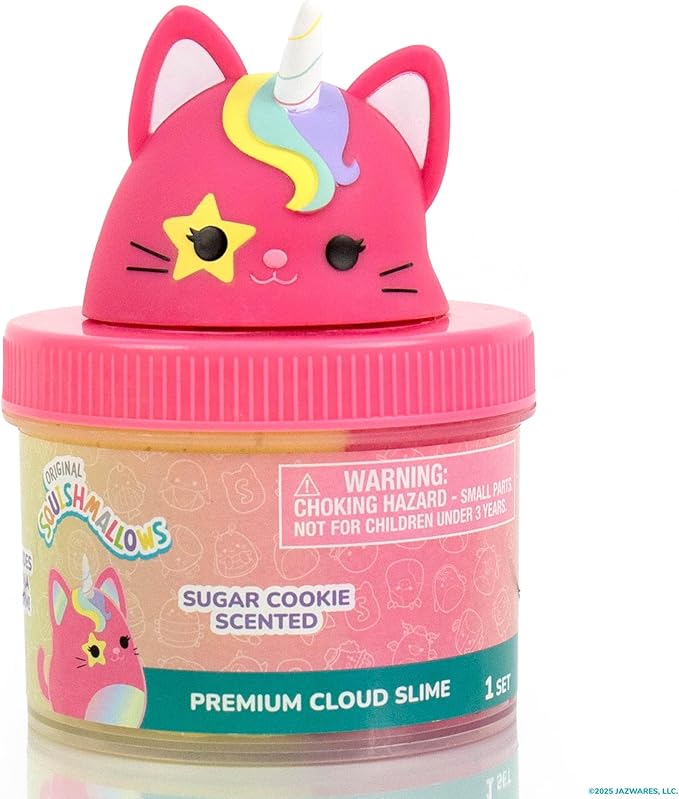 Original Squishmallows Sienna the Caticorn Premium Cloud Slime, Sugar Cookie-Scented, 8 oz., Storage Container with Figurine Topper, Rubber Charm, Goodie Bags Stuffers, Kids Party Favors, Sensory Toys