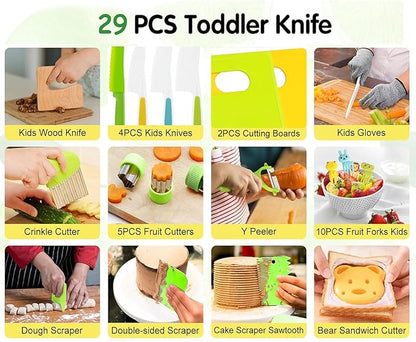 29PCS Kitchen Tools for Toddlers Kids Cooking Sets Safe Knife Set for Real Cooking Include Toddler Knives Cutting Board Bear Sandwich Cutter Fruit Crinkle Cutter Peeler Gloves Fruit Forks for Birthday