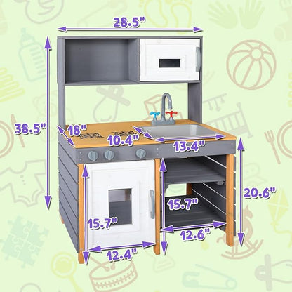 Outdoor Mud Kitchen Playset,Wooden Pretend Play Kitchen w/Water Box & Faucet,Kitchenware, Stove,Play Sink,Storage Shelves,Backyard Garden Worktop Toy Toddler Kitchen for Boys and Girls Ages 3-8