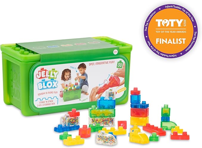 Jelly Blox Stash 'N Stack 2-in-1 Storage Case with 30 Blocks | Toddler & Preschool Building Blocks Kids Can Squeeze & Stretch | MESH ACCREDITED | Safety Tested & Ouch-Free | Sensory Play Toy Ages 2+