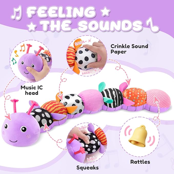 AWOTOY Baby Toys 0-6-12 Months,Musical Caterpillar Stuffed Animals Activity Infant Toys with Crinkle,Rattles,Muti-Teething Sensory Toy,Boy Girl Gifts for Newborn Tummy Time,Purple