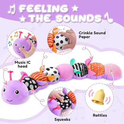 AWOTOY Baby Toys 0-6-12 Months,Musical Caterpillar Stuffed Animals Activity Infant Toys with Crinkle,Rattles,Muti-Teething Sensory Toy,Boy Girl Gifts for Newborn Tummy Time,Purple