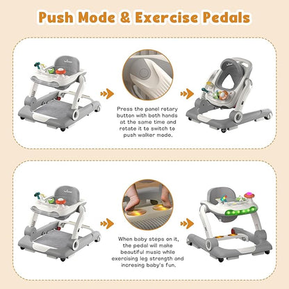 5-in-1 Baby Walker with Wheels, Baby Walkers for Boys Girls 6-18 Months, Foldable Adjustable Walker with Bouncer, Feeding Tray, Music & Detachable Footrest(Grey)