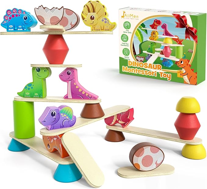 Montessori Dinosaur Toys for 1 2 3 4 Year Old Toddlers, Early Education Toys for Ages 2-4 Boys Girls Kids, Wooden Dinosaur Blocks Sorting & Stacking & Balance Toys, Ideal Preschool Birthday Gift