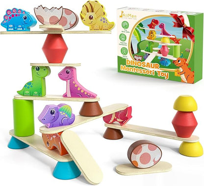 Montessori Dinosaur Toys for 1 2 3 4 Year Old Toddlers, Early Education Toys for Ages 2-4 Boys Girls Kids, Wooden Dinosaur Blocks Sorting & Stacking & Balance Toys, Ideal Preschool Birthday Gift