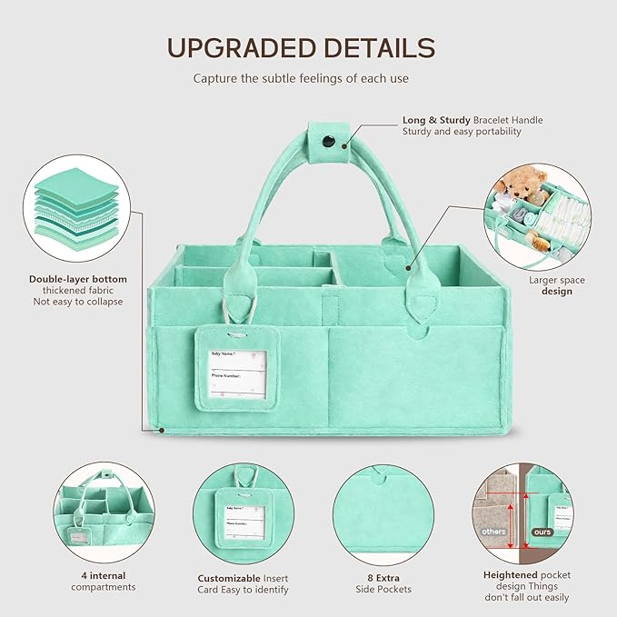 GEMII Diaper Caddy Organizer-Large Baby Caddy Organizer with Handle，Newborn Registry Essentials，Baby Shower Gift Basket for Boy or Girl (Green, Large)
