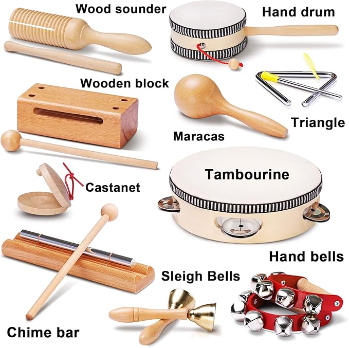 LOOIKOOS Baby Musical Instruments Montessori Toys for Toddlers 1-3,Natural Wooden Percussion Instruments Set for Kids Preschool Educational Musical Toys for Ages 5-9