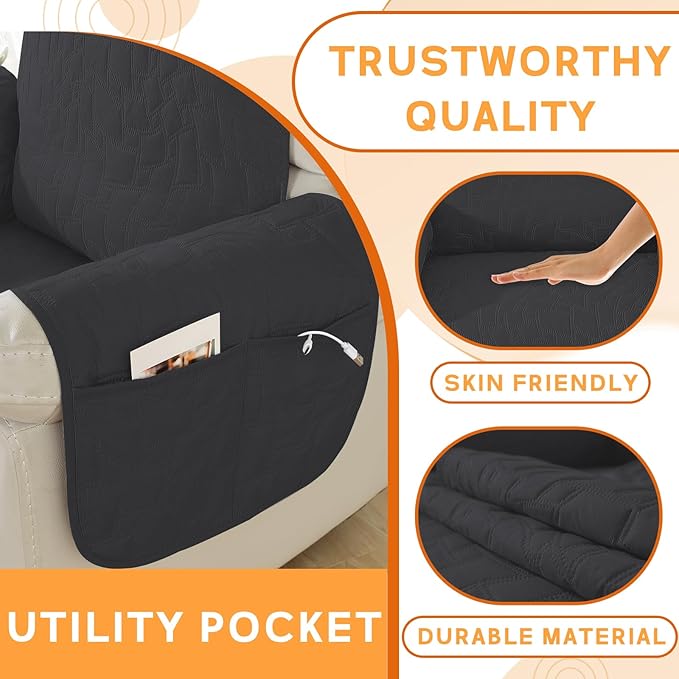 XINEAGE 100% Waterproof Recliner Chair Covers with Elastic Straps, Nonslip Reclining Couch Covers Washable Recliner Couch Cover with Pockets Furniture Protector for Pets Dogs (Black, 23")