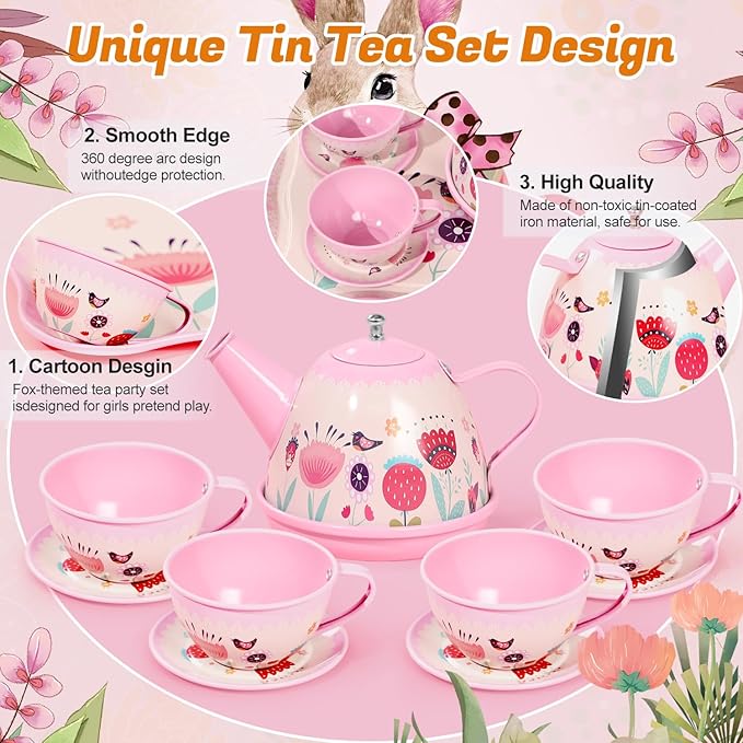 Tea Party Set for Little Girls, 49PCS Princess Tea Time Toys Including Tea Set Dessert Carrying Case, Kids Kitchen Pretend Playset, Montessori Toys for Toddlers 3 - 8 Year Old Girl Birthday Gifts