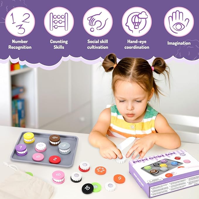 Upltowtme Wooden Cookie Play Food Set for Kids Number Counting and Matching Game Pretend Play Slice Biscuit Play Kitchen Accessories Age 3+ Montessori Learning Toy Food Game Birthday Gifts