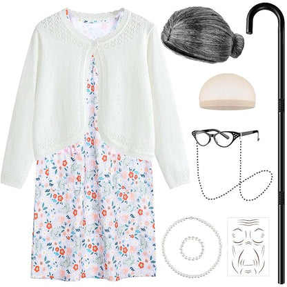 Kids 100 Days of School Costume for Girls Cosplay Outfit Including Grey Wig Cardigan Sweater Floral Dress Cat Eye Glasses