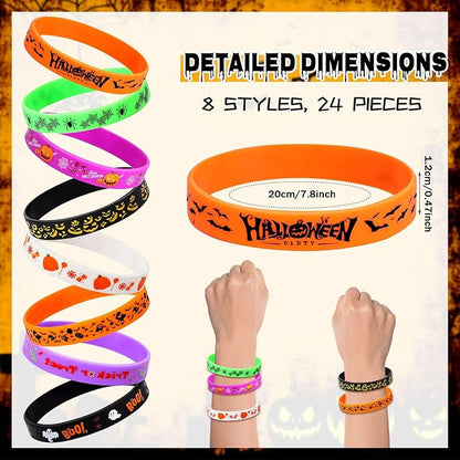 JUNEBRUSHS Halloween Party Favors, 24pcs Halloween Silicone Bracelets Rubber Wristbands for Halloween Party Decorations Trick or Treat Goodie Bag Stuffers Fillers Accessories Supplies(8 Designs)
