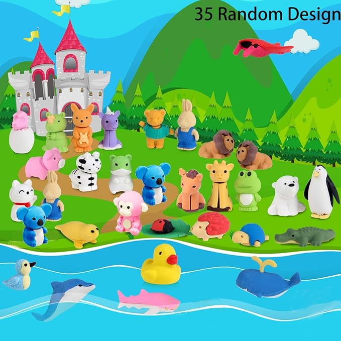 URSKYTOUS 35Pcs Animal Erasers Desk Pets for Kids Animal Pencil Erasers Bulk Puzzle Eraser Toys Gifts for Classroom Prizes,Game Reward,Treasure Box,Easter Egg Fillers,Goodie Bag Stuffers,Party Favors
