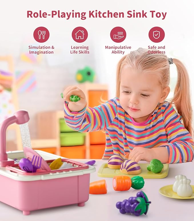 Geyiie Kids Sink with Running Water, Toddler Kitchen Sink Toy with Real Faucet, Chopping Foods, Play Dishes and Dish Rack, 30Pcs Pretend Dishwasher Toys Accessories, Learning Gift for Girls Boys