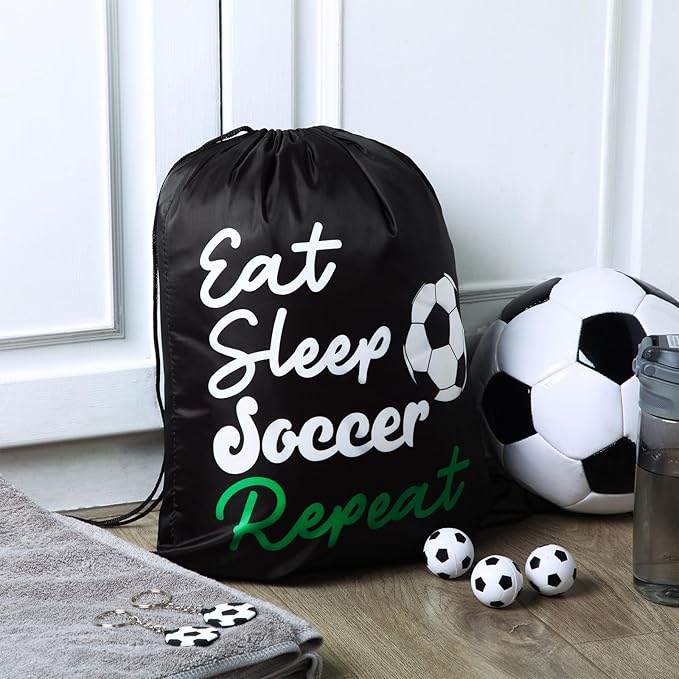 48 Pcs Soccer Party Favors for Kids Include 12 Soccer Drawstring Bags, 12 Soccer Keychain, 12 Silicone Soccer Bracelets, 12 Mini Stress Ball for Sports Birthday Party Supplies Decorations