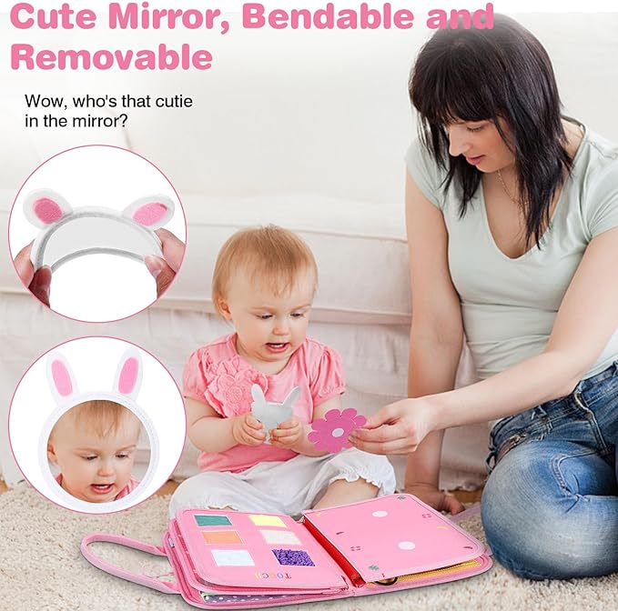 JHkim Busy Board for Toddlers, Sensory Board Travel Toys Gifts for 1 2 3 4 Year Old Girls Boys, Montessori Toys to Learn Fine Motor Skills, Educational Activities Busy Book for Airplane Car (Pink)