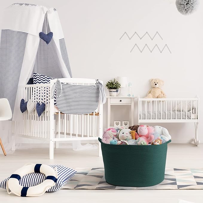 Maliton Woven Rope Basket for Blankets, Extra Large Storage, Green Laundry Hamper, Baby and Pet Toy Storage, Big Towel Basket, 22" x 22" x 14" Blanket Holder, Cotton Rope Bin
